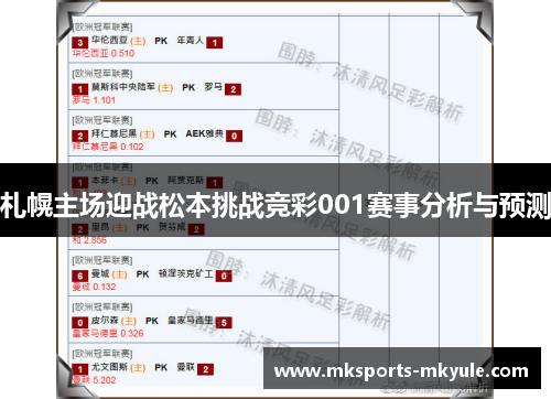 札幌主场迎战松本挑战竞彩001赛事分析与预测